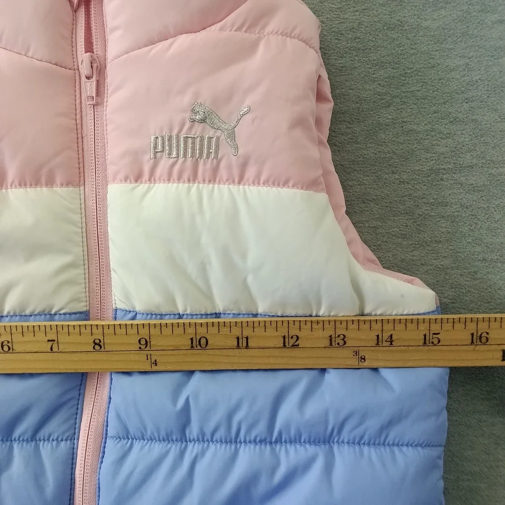 Puma Girls Puffer Vest Pink White Blue Colorblock Zip Up Size Small 7/8